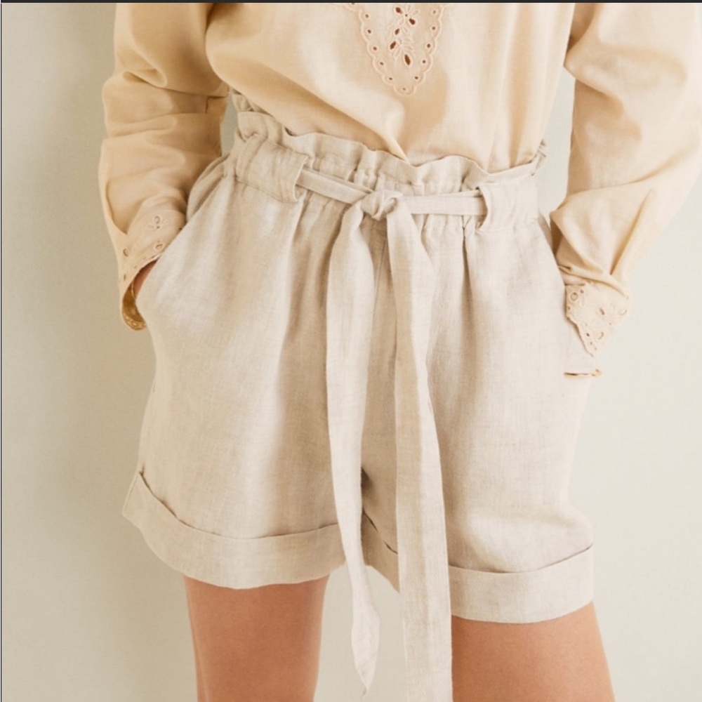 MNG MANGO Beige Linen High Waisted Paperbag Shorts - Picture 1 of 5